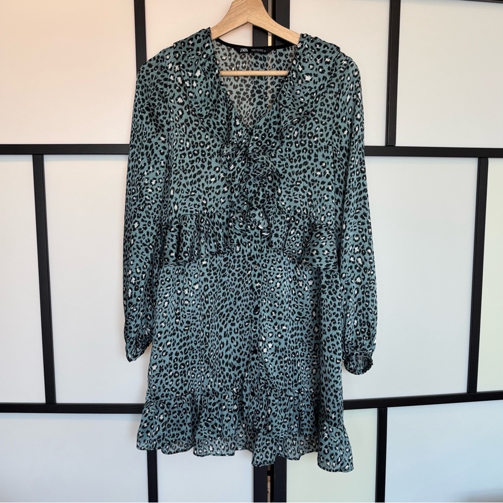 Zara Women's Leopard Animal Print Baby Doll Dress Long Sleeve Blue SZ SMALL